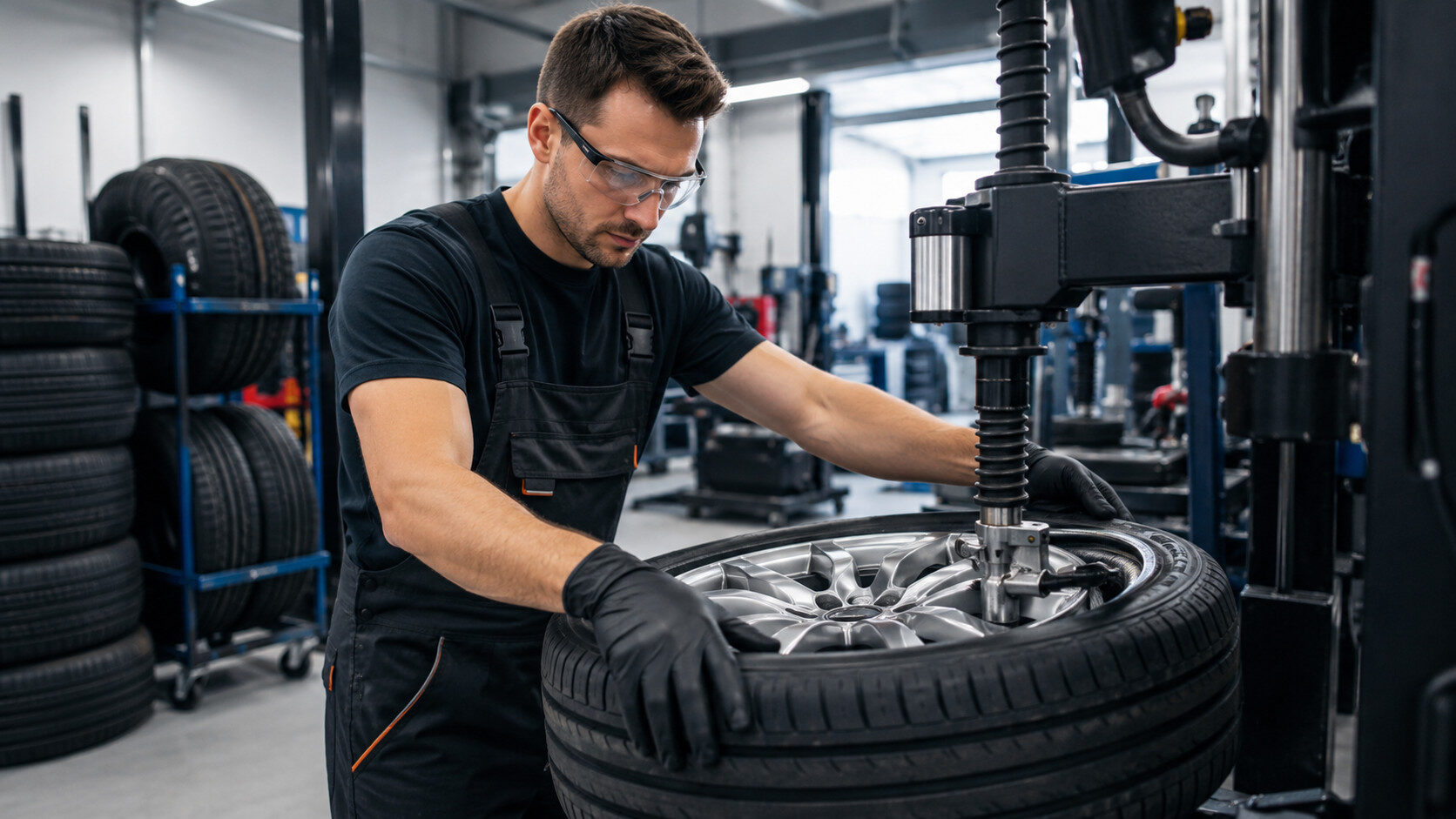 Tire technician servicing a wheel at JAC Tire Shop