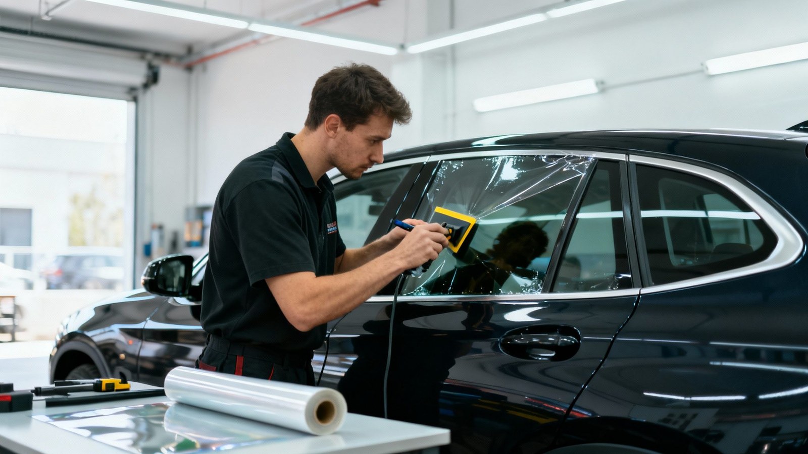 Technician professionally installing window tint film on a car inside a tint shop