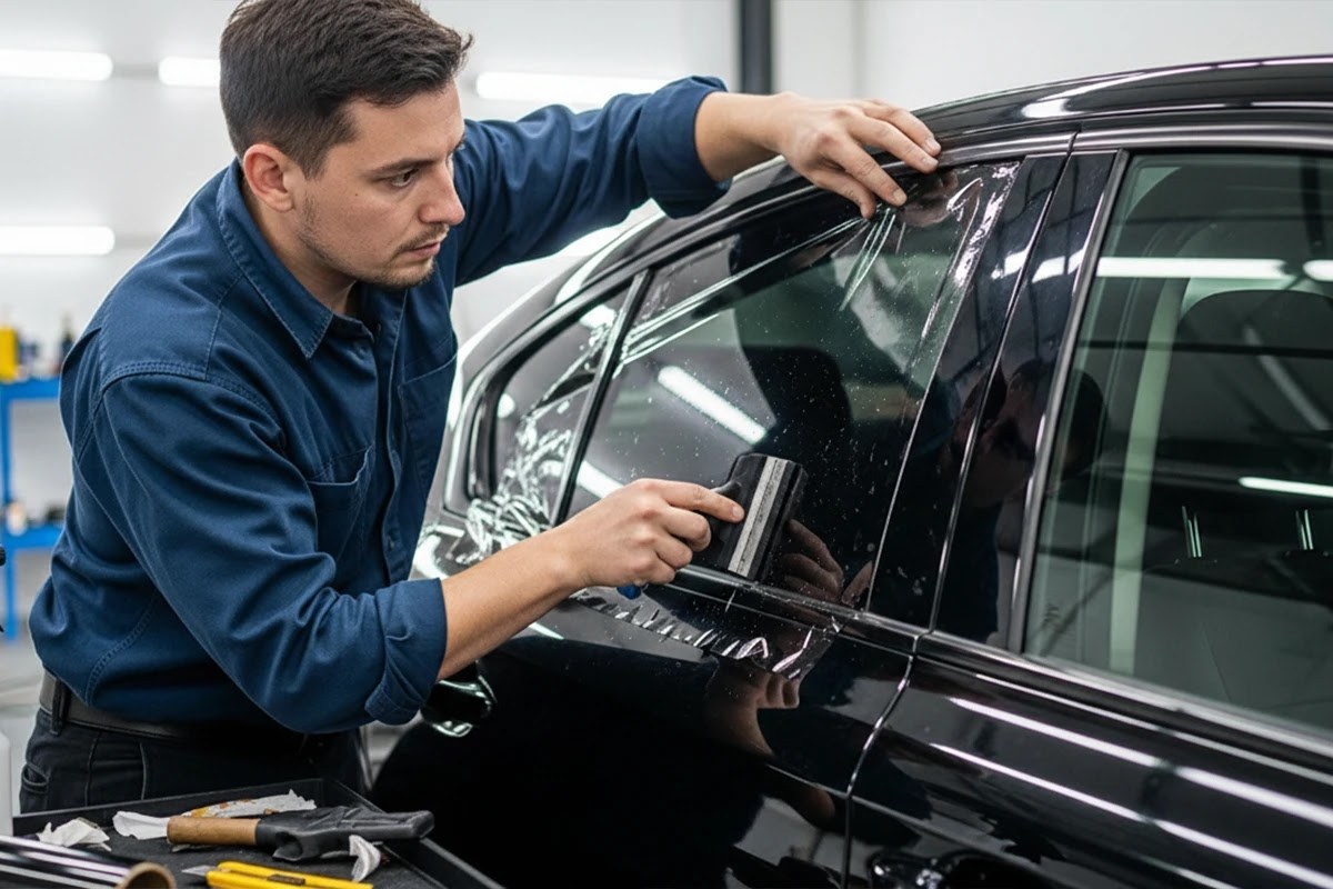 Installer applying tint film to a black car's side window in a tint shop