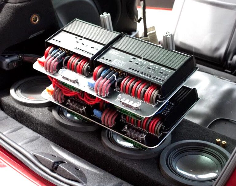 Custom trunk audio install with amplifiers and subwoofers